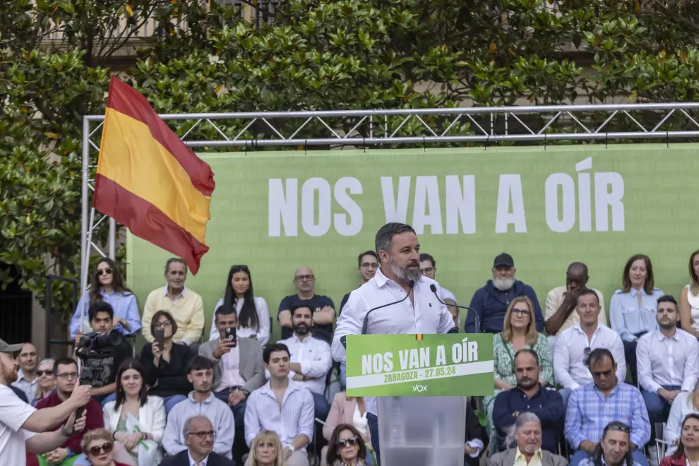 Elecciones europeas 2024: mitin del presidente de Vox, Santiago Abascal, en la plaza del Pilar de Zaragoza