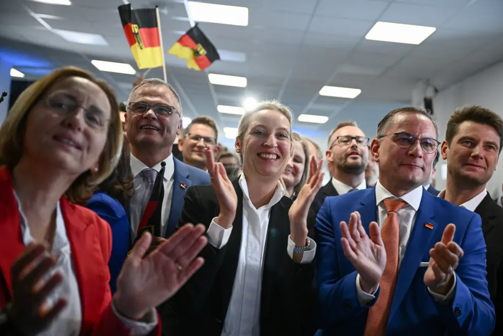 Alternative for Germany (AfD) party co-leaders Alice Weidel and Tino Chrupalla react to results after the polls closed in the European Parliament elections, in Berlin, Germany, June 9, 2024. REUTERS/Annegret Hilse [[[REUTERS VOCENTO]]]