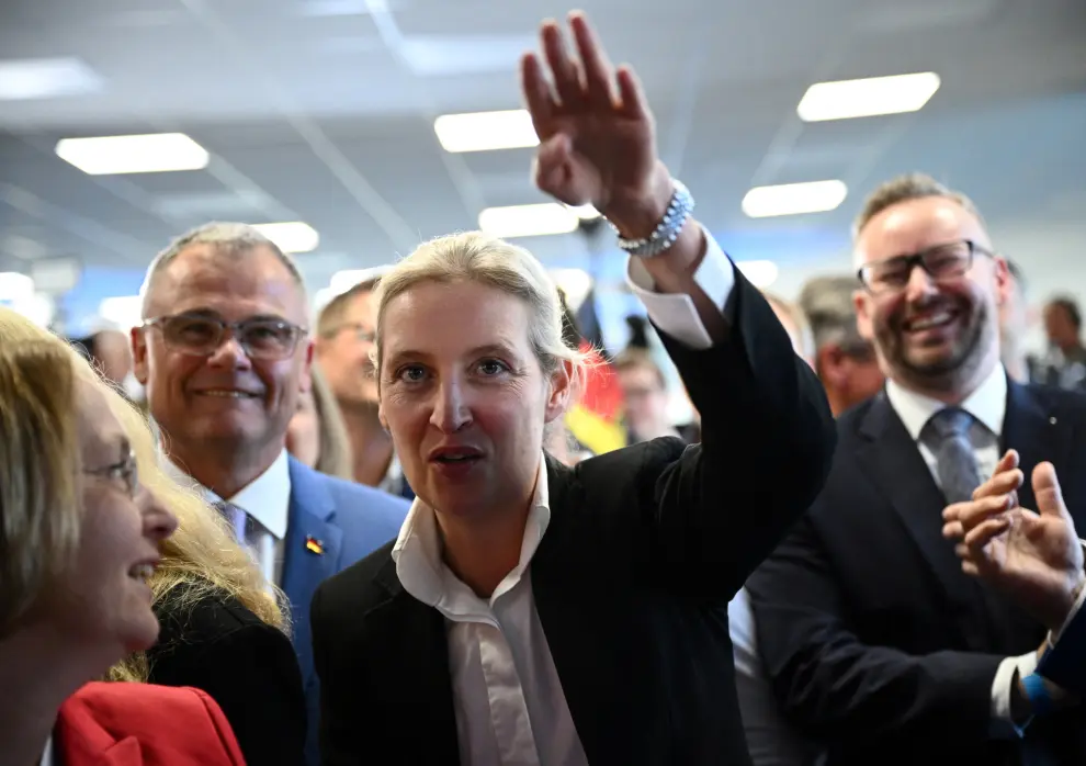 Alternative for Germany (AfD) party co-leader Alice Weidel gestures as she reacts to results after the polls closed in the European Parliament elections, in Berlin, Germany, June 9, 2024. REUTERS/Annegret Hilse [[[REUTERS VOCENTO]]]