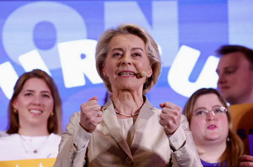 European Commission President Ursula von der Leyen speaks during an event at the European Peoples Party headquarters, on the day of the European Parliament elections in Brussels, Belgium, June 9, 2024. REUTERS/Piroschka van de Wouw   REFILE - CORRECTING LOCATION FROM European Parliament to European Peoples Party headquarters\ [[[REUTERS VOCENTO]]]