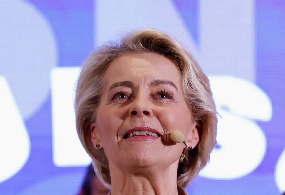 Lead candidate for the European conservatives in the EU election Ursula von der Leyen speaks at the election evening at her partys meeting in Brussels, Belgium, June 9 2024. REUTERS/Piroschka van de Wouw [[[REUTERS VOCENTO]]]