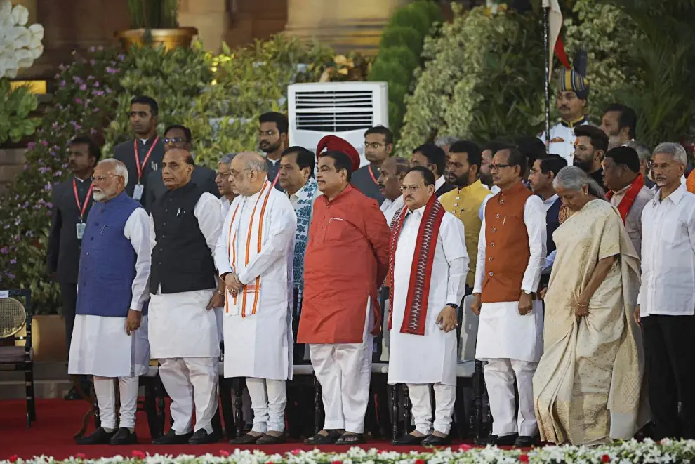 Indias Prime Minister Narendra Modi, Nitin Gadkari and Amit Shah attend the swearing-in ceremony at the presidential palace in New Delhi, India, June 9, 2024. REUTERS/Adnan Abidi [[[REUTERS VOCENTO]]]