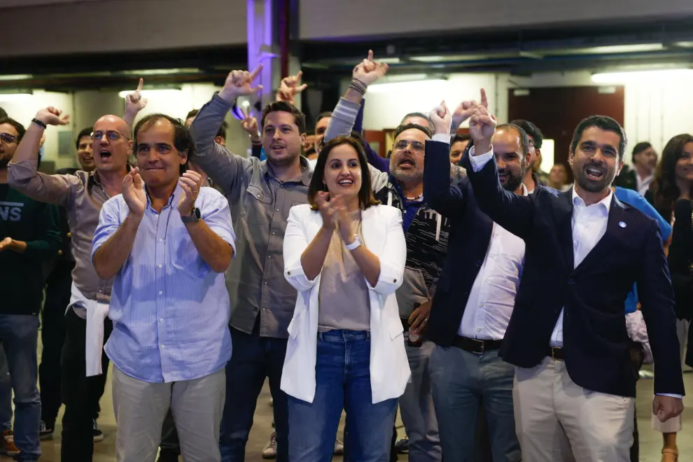 Lisbon (Portugal), 16/10/2020.- Supporters of the Iniciativa Liberal (IL) party react electoral headquarters after knowing the first projections of the European elections night in Lisbon, Portugal, 09 June 2024. More than 10.8 million registered voters in Portugal and abroad go to the polls today to choose 21 of the 720 members of the European Parliament. (Elecciones, Lisboa) EFE/EPA/ANTONIO PEDRO SANTOS
