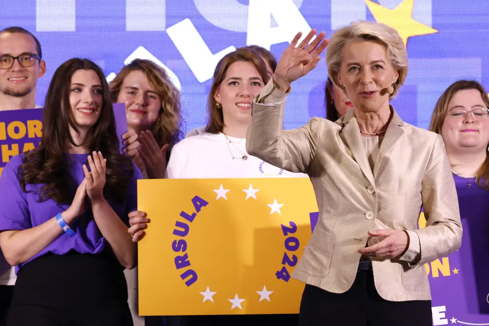 Lead candidate for the European Commission, current European Commission President Ursula von der Leyen speaks during an event at the European People\'s Party headquarters in Brussels, Sunday, June 9, 2024. Polling stations opened across Europe on Sunday as voters from 20 countries cast ballots in elections that are expected to shift the European Union\'s parliament to the right and could reshape the future direction of the world\'s biggest trading bloc. (AP Photo/Geert Vanden Wijngaert) 



Associated Press / LaPresse
Only italy and Spain