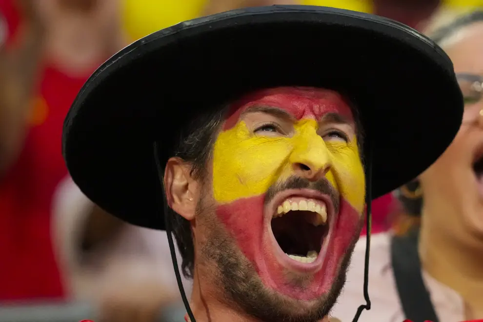 A Spanish fan cheers for his team prior a round of sixteen match at the Euro 2024 soccer tournament against Georgia in Cologne, Germany, Sunday, June 30, 2024. (AP Photo/Frank Augstein)