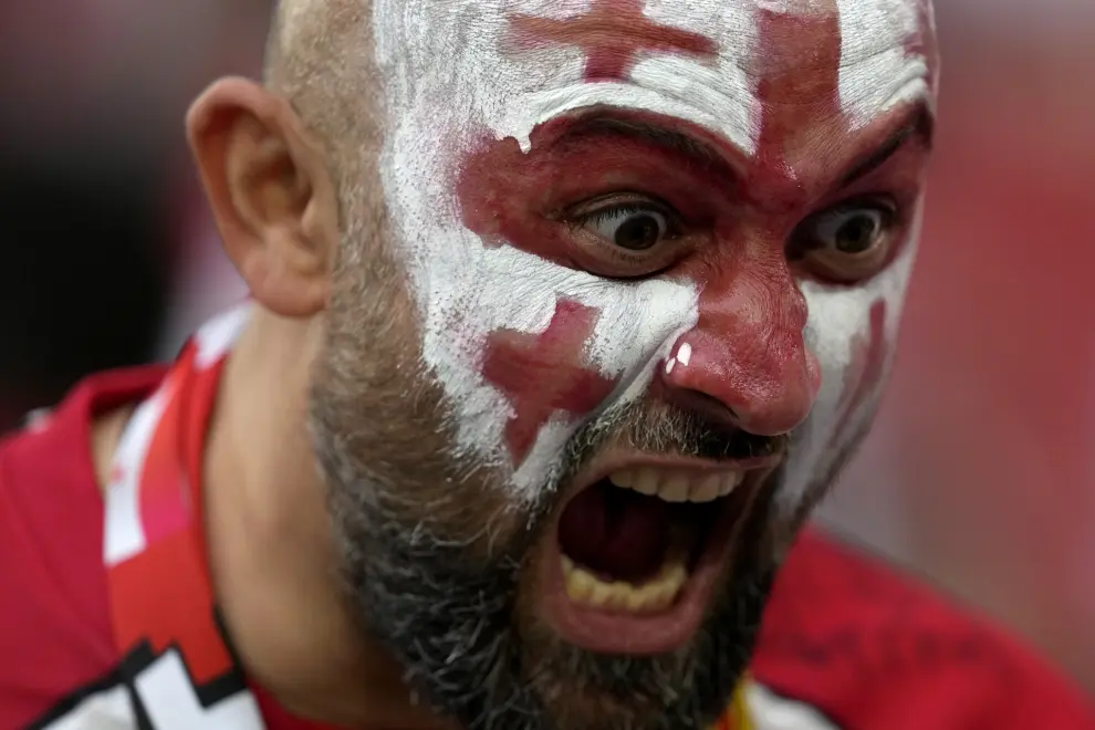 A Georgia fan reacts ahead of a round of sixteen match between Spain and Georgia at the Euro 2024 soccer tournament in Cologne, Germany, Sunday, June 30, 2024. (AP Photo/Darko Vojinovic)