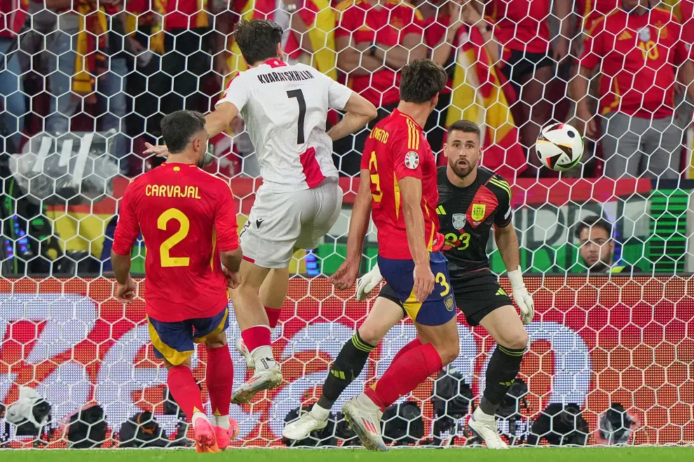 Georgia's Khvicha Kvaratskhelia scores ( own goal spain  )goal 0-1 during the Euro 2024 soccer match between Spain and Georgia at the Cologne Stadium , Cologne , Germany - Sunday 30 June  2024. Sport - Soccer . (Photo by Spada/LaPresse)