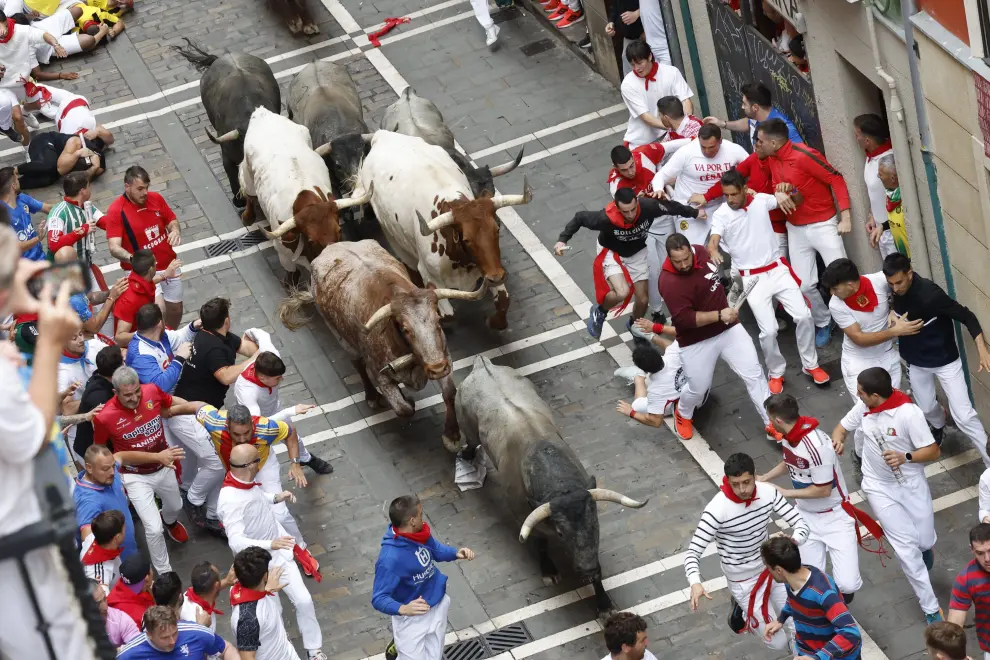 Séptimo encierro de San Fermin 2024 en Pamplona: toros de la ganadería José Escolar Gil