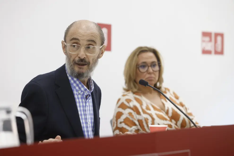Javier Lambán, en su comparecencia de este martes, 16 de julio, ante los medios con Mayte Pérez