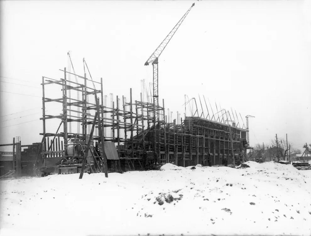 Obras de construcción de La Romareda en 1957