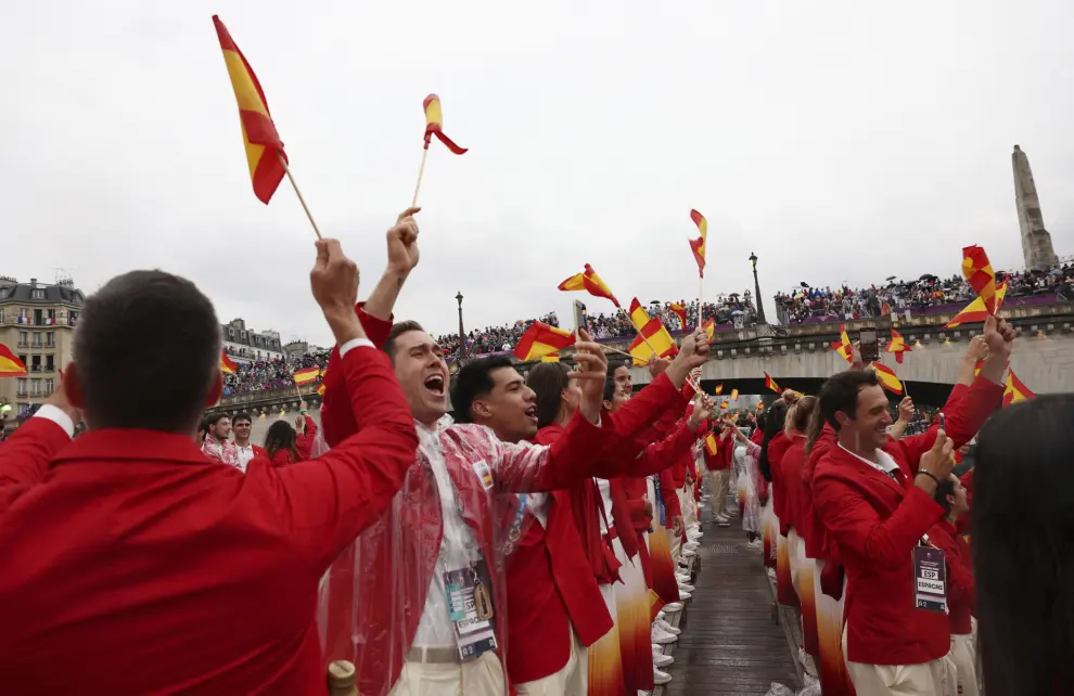 Athletes of Spain attend the opening ceremony for the 2024 Summer Olympics in Paris, France, Friday, July 26, 2024. (Violeta Santos Moura/Pool Photo via AP)