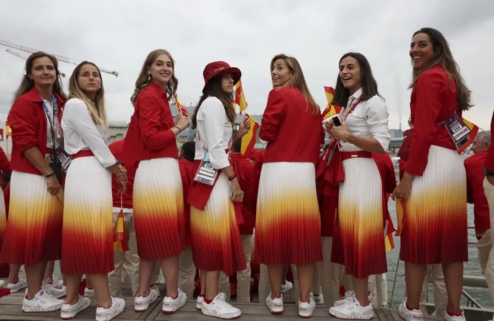 Athletes of Spain attend the opening ceremony for the 2024 Summer Olympics in Paris, France, Friday, July 26, 2024. (Violeta Santos Moura/Pool Photo via AP)