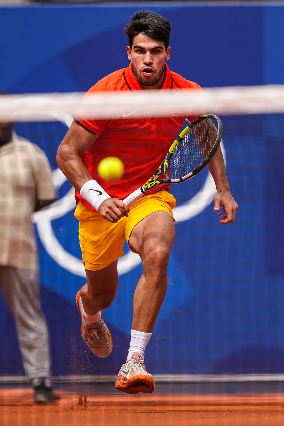 Carlos Alcaraz of Spain in action against Roman Safiullin of Individual Neutral Athlete during Mens Singles Third Round Tennis match on Court Suzanne-Lenglen during the Paris 2024 Olympics Games on July 31, 2024 in Paris, France...AFP7 ..31/07/2024 ONLY FOR USE IN SPAIN [[[EP]]]