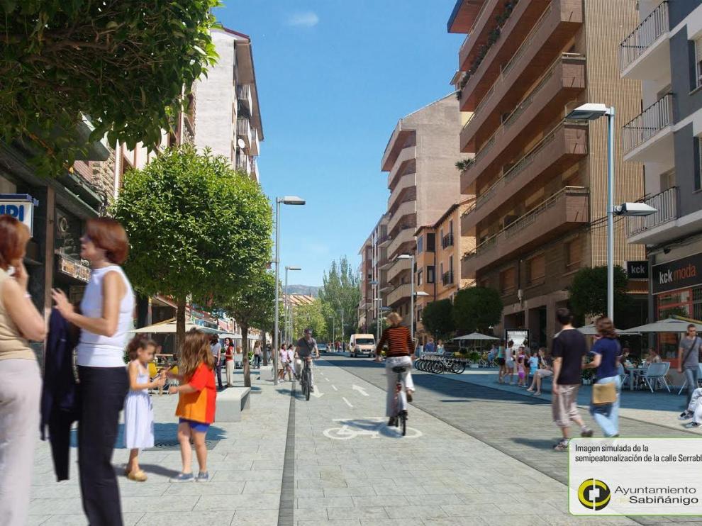 Simulación de la semipeatonalización de la calle de Serrablo de Sabiñánigo.