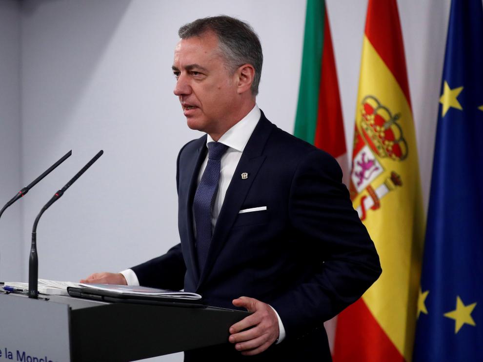 El lehendakari Íñigo Urkullu durante la rueda de prensa que ha ofrecido este lunes.