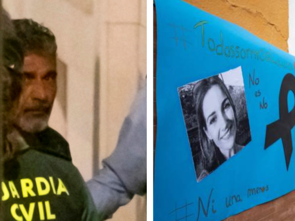 Combo de imágenes de Bernardo Montoya, custodiado por la Guardia Civil, y de un cartel en recuerdo de Laura.