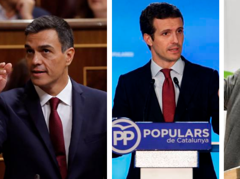 Combo de imágenes de Sánchez (PSOE), Casado (PP) y Abascal (VOX)