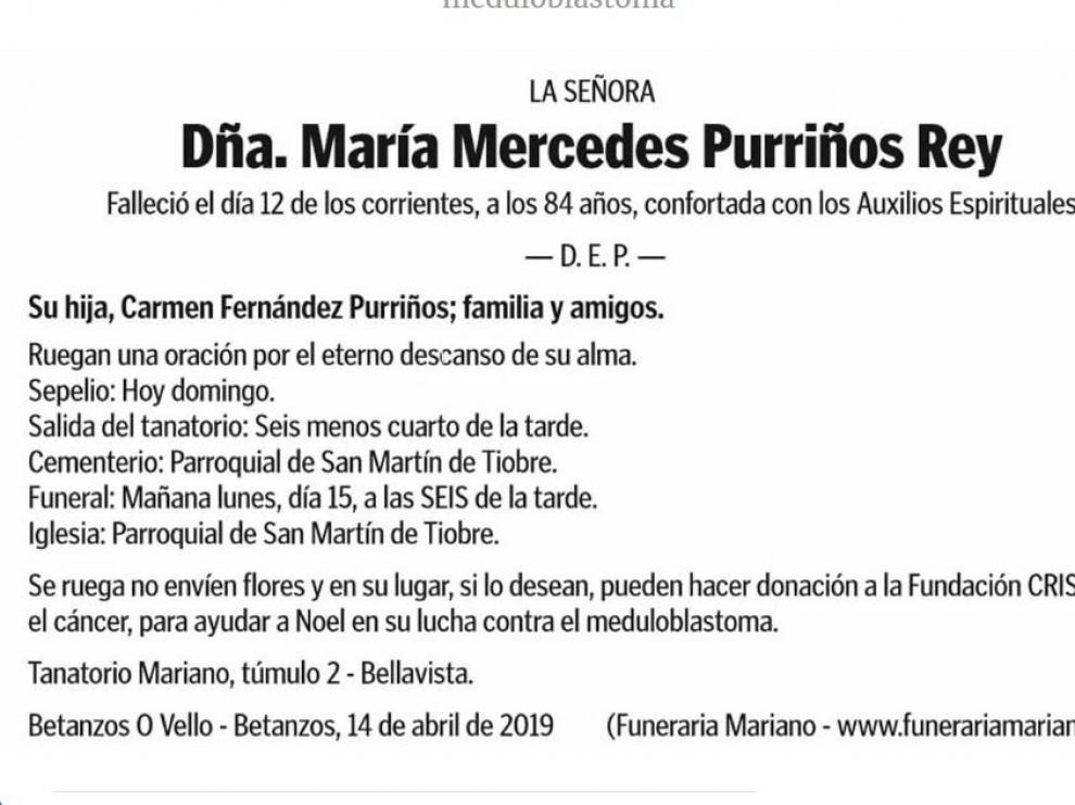 Esquela publicada en la que se pide una donación contra el cáncer de Noé en vez de flores.