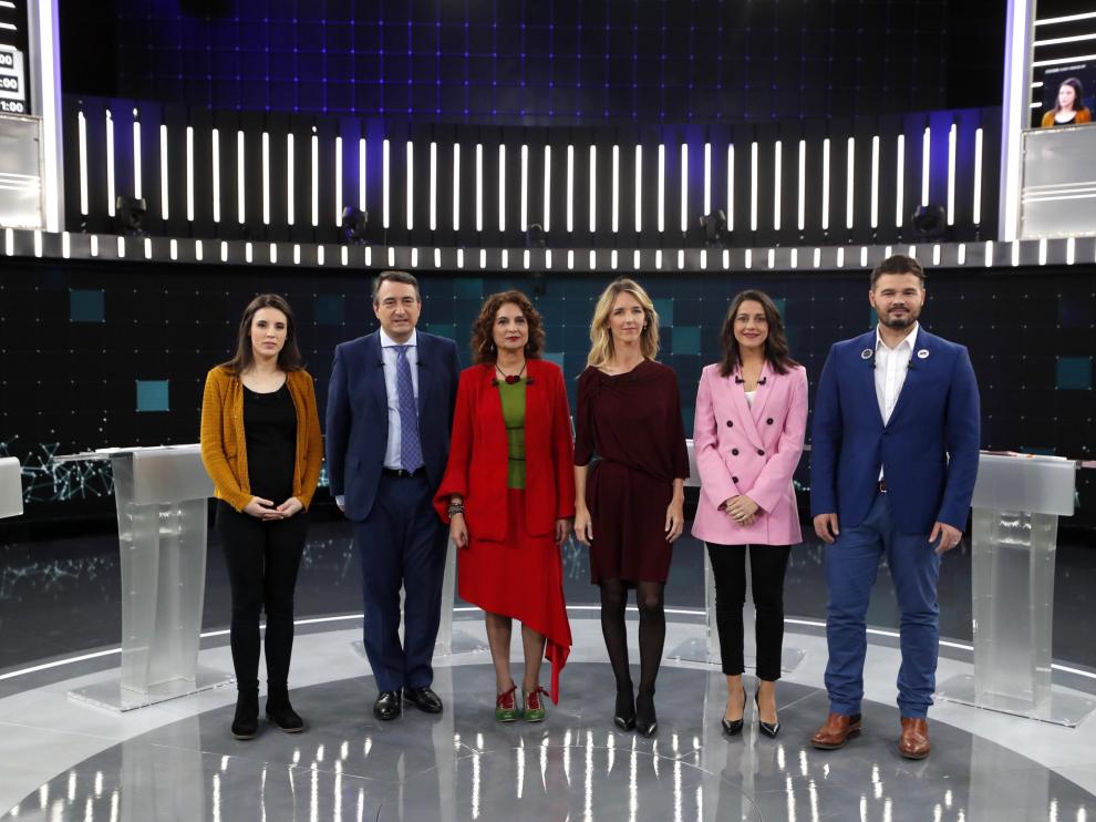 Los representantes de Unidas Podemos, PNV, PSOE, PP, Cs y ERC en el debate de RTVE.
