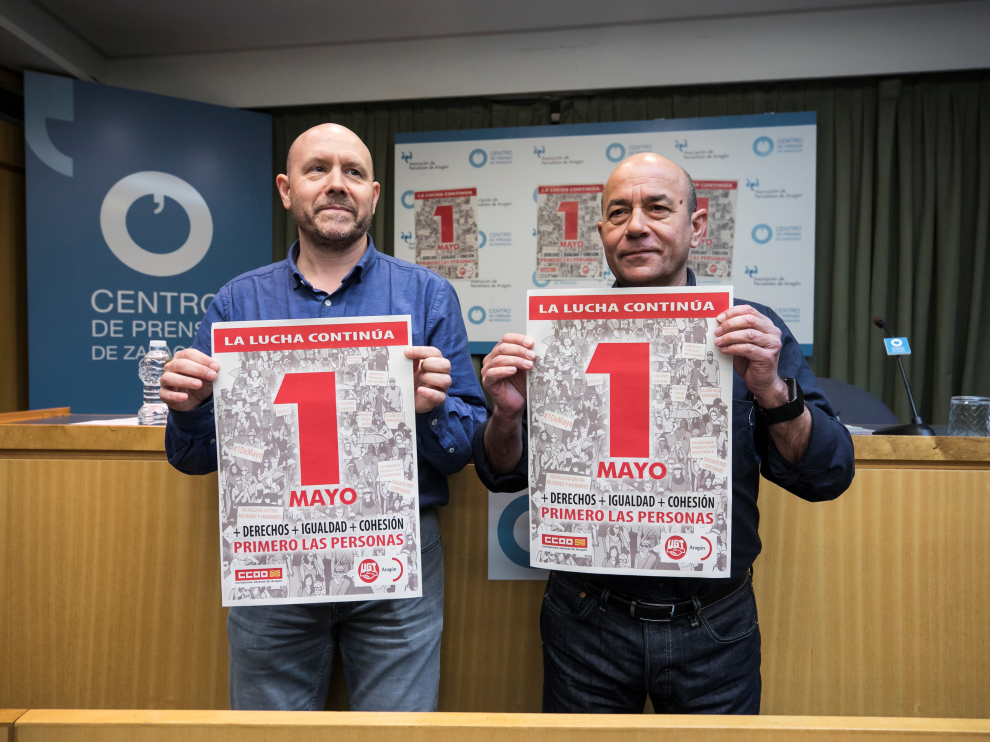 Manuel Pina y Daniel Alastuey, secretarios generales de CC. OO. y UGT Aragón, llamando a la movilización masiva este Primero de Mayo