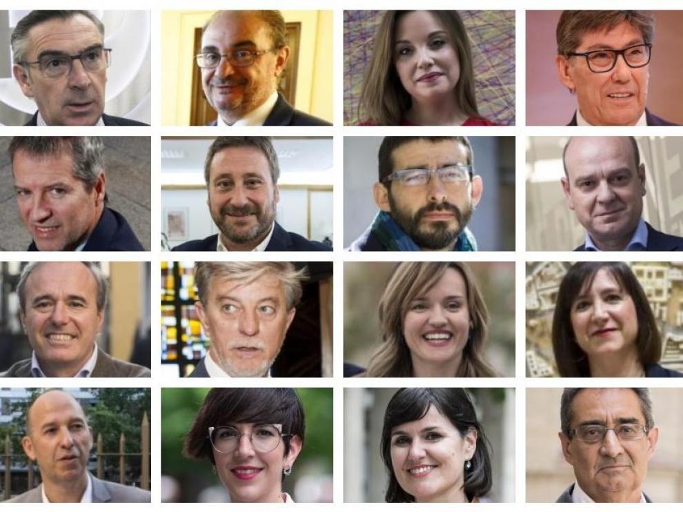 Los ocho principales cabezas de lista en las autonómicas (en las dos filas superiores), junto a los ocho principales aspirantes al Ayuntamiento de Zaragoza.(filas inferiores)