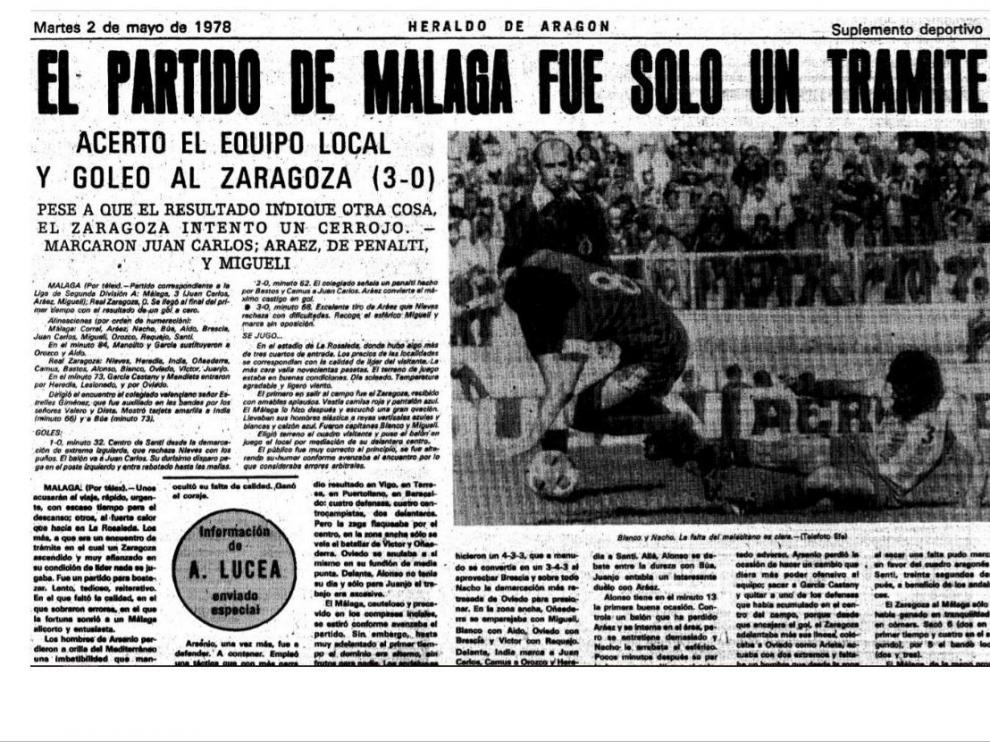 Cabecera de la crónica de HERALDO DE ARAGÓN del Málaga-Real Zaragoza de 1978, precedente del de este viernes 24 de mayo de 2019 en Segunda División.