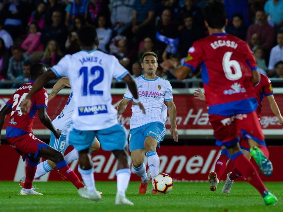 Un lance del partido Numancia-Real Zaragoza jugado en la primera vuelta en Soria, con victoria castellana por 1-0.