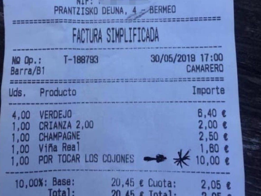 Esta sorprendente factura, emitida por un bar de Bermeo (Vizcaya), se ha vuelto viral en redes sociales.