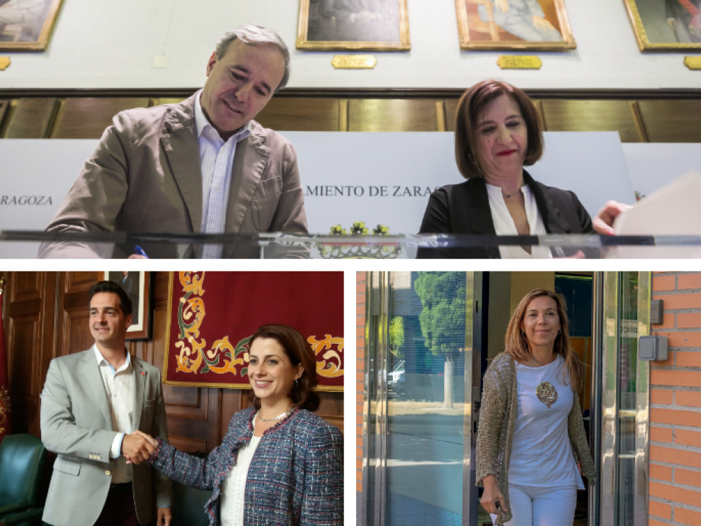 Arriba: Jorge Azcón y Sara Fernández en Zaragoza. Abajo a la izquierda: Ana Alós en Huesca. Abajo: Ramón Fuertes con Emma Buj en Teruel