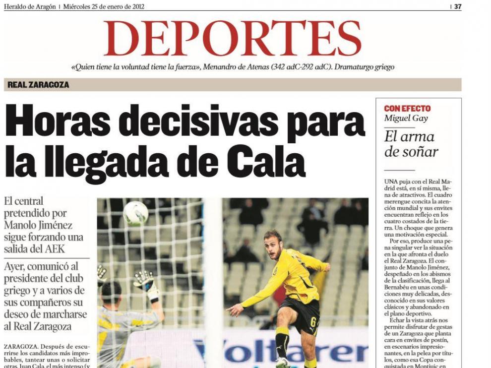 Información de HERALDO DE ARAGÓN en enero de 2012, cuando Cala estuvo a punto de llegar al Real Zaragoza, entonces en Primera División.
