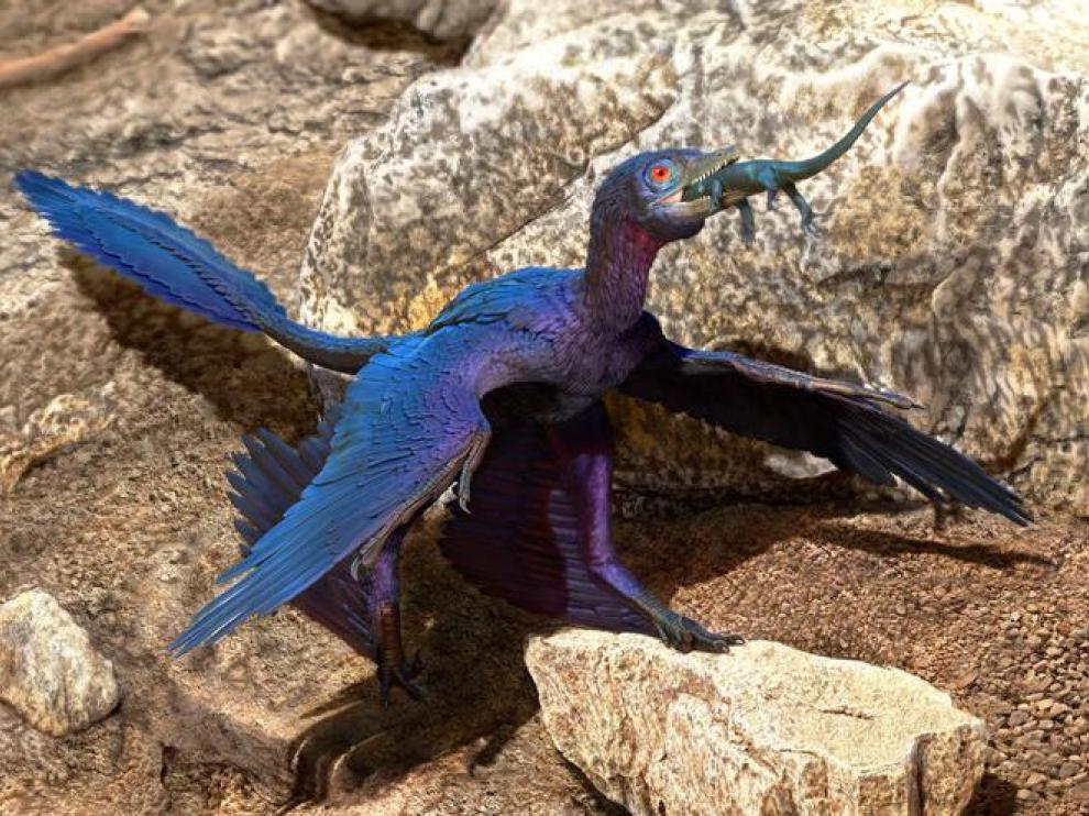 Ilustración del microraptor engullendo al lagarto.