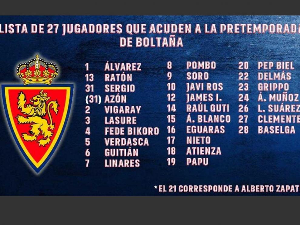 Estos son los números dorsales que llevarán los jugadores del Real Zaragoza durante la pretemporada y que van a estrenar ya en Boltaña desde este martes. No solo, en muchos casos, los definitivos para la liga.