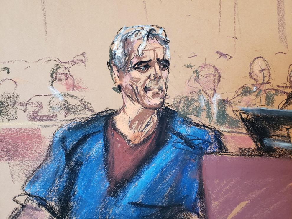 Dibujo de Jefrey Epstein realizado este lunes en el tribunal de Nueva York.