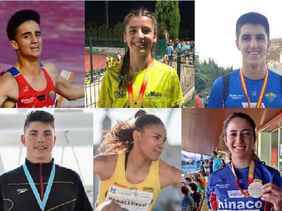 Arriba, los atletas Pol Oriach, Mireya Arnedillo y Mario Revenga; abajo, el nadador Luis Domínguez y las atletas Salma Paralluelo y Laura Pintiel.