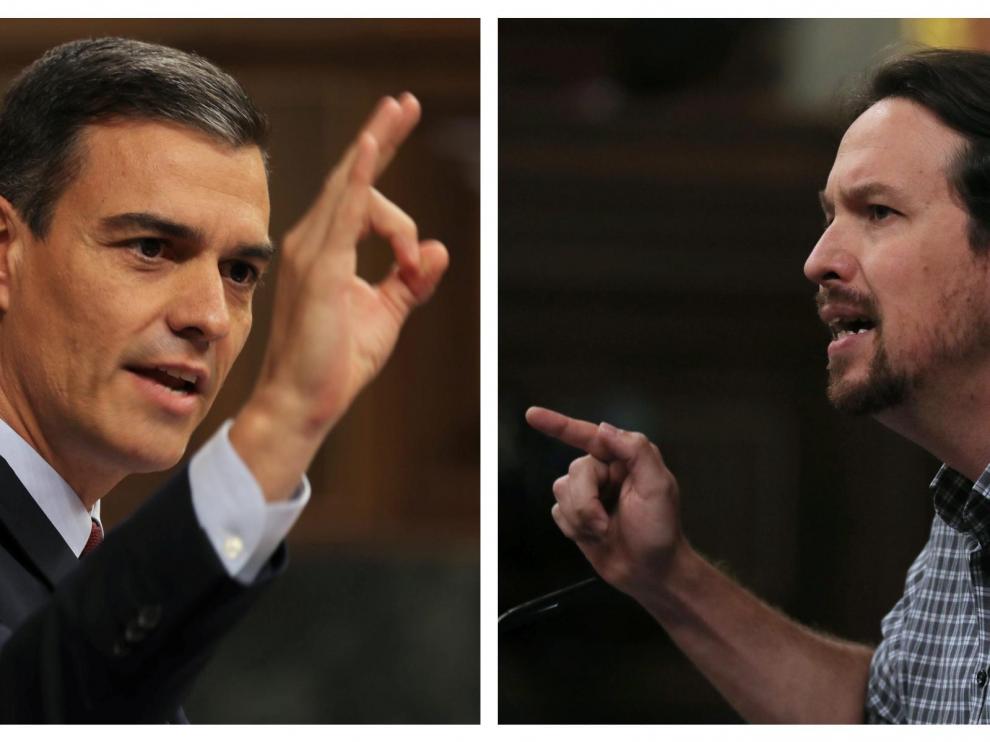 Pedro Sánchez y Pablo Iglesias durante su enfrentamiento en la primera jornada del debate de investidura.