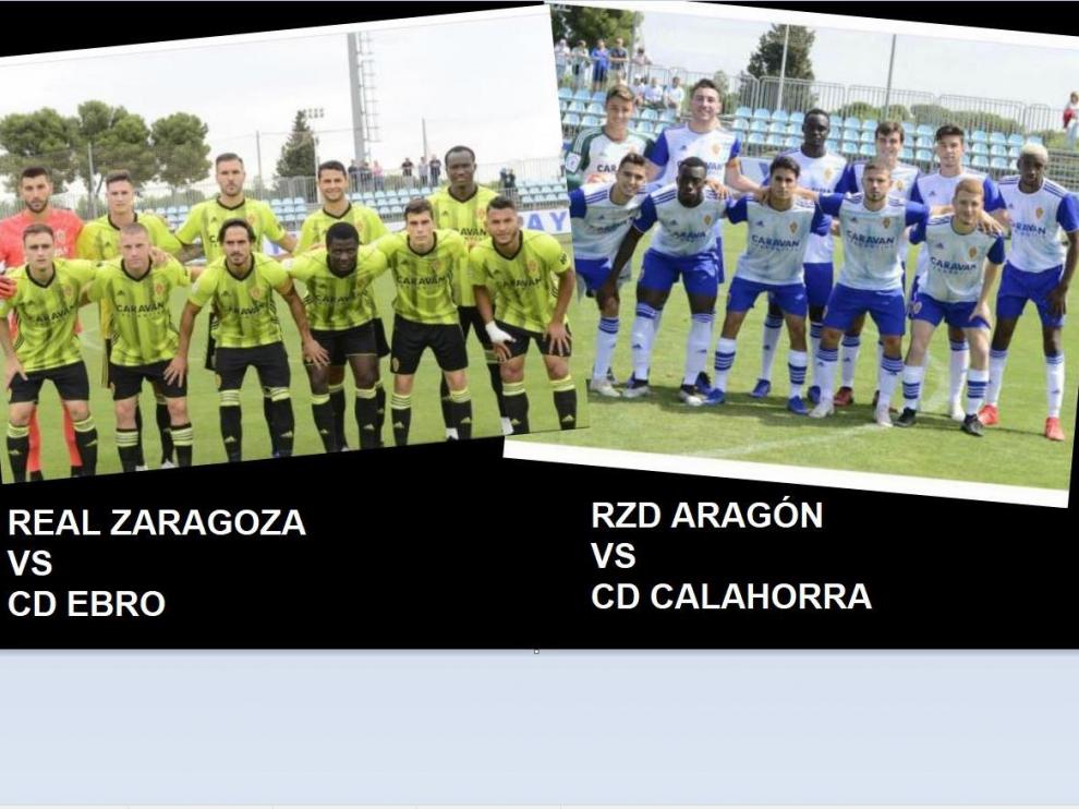 A la dcha., el Real Zaragoza antes de jugar este sábado ante el CD Ebro. A la izda., el Aragón, dos horas más tarde, antes de iniciar su partido contra el Calahorra.