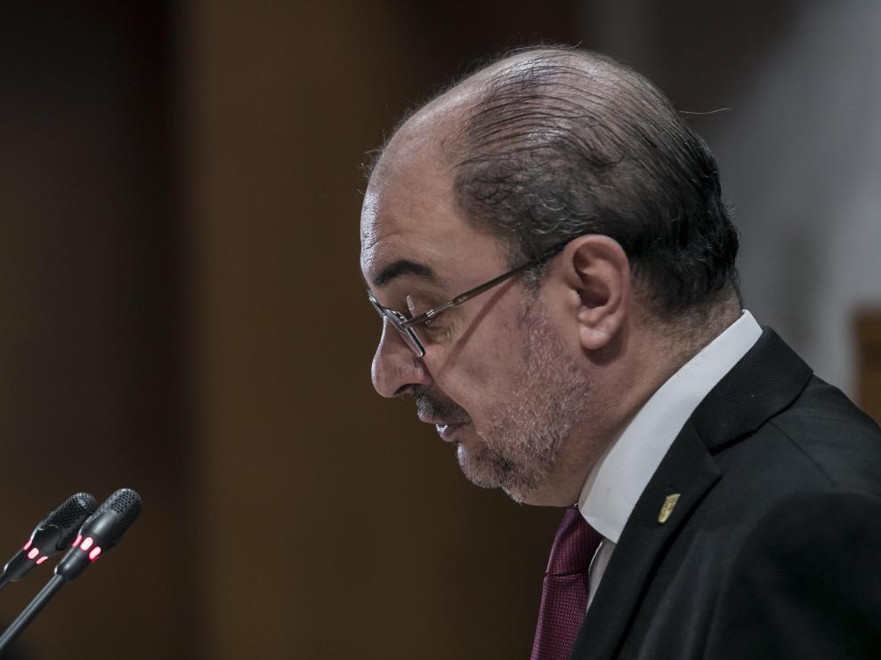 Javier Lambán pronuncia su discurso de investidura ante las Cortes de Aragón.