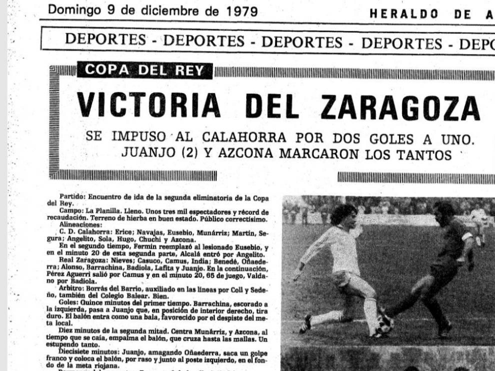 Ficha de la crónica de HERALDO DE ARAGÓN del partido CD Calahorra-Real Zaragoza de Copa del año 1979 en La Planilla.