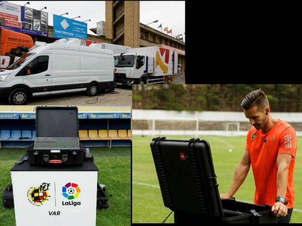 Imágenes del estreno del VAR el año pasado en un partido del Real Zaragoza: fue en julio, en el amistoso ante el Tudelano en la localidad navarra (0-0), cuando el sistema de videoarbitraje lo empezaron a ensayar los árbitros de Primera. Aquel día pitó el madrileño Del Cerro Grande (dcha.).