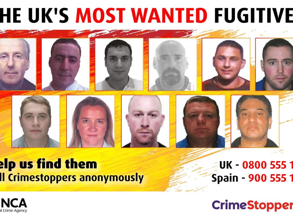 Cartel difundido por la Guardia Civil con los rostros de 11 de los fugitivos británicos más buscados.