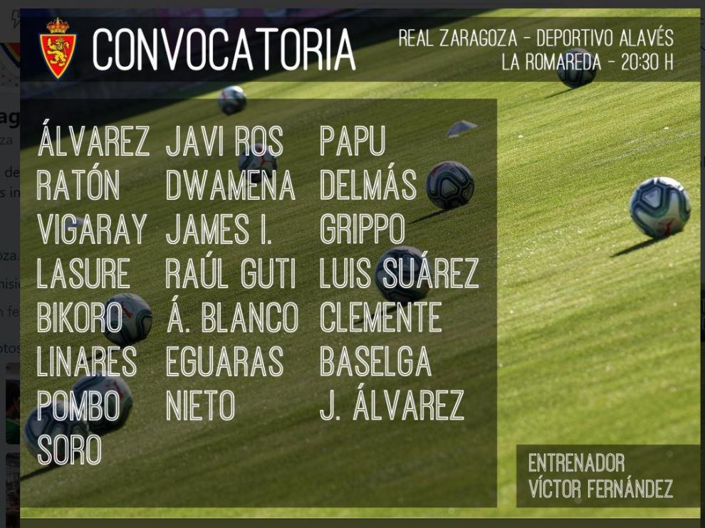 Lista de convocados del Real Zaragoza para el partido de presentación ante el Alavés de este miércoles en La Romareda (20.30), en Trofeo Ciudad de Zaragoza-Memorial Carlos Lapetra.
