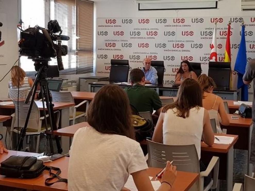 Rueda de prensa de la Unión Sindical Obrera este martes donde se ha presentado el informe 'Anomalías de nuestro mercado de trabajo'.