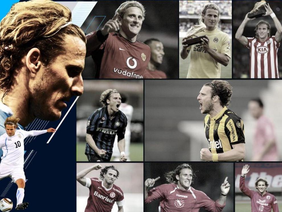 Fotomontaje con distintas etapas como futbolista de Diego Forlán