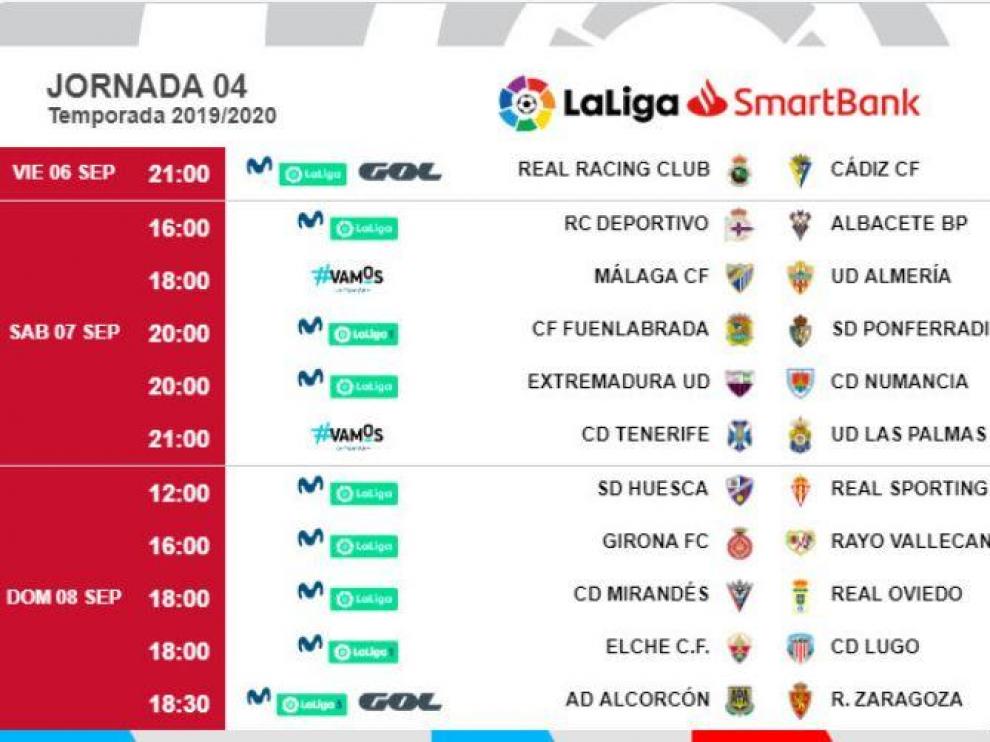 Fechas y horarios de la 4ª jornada, con el partido Alcorcón-Real Zaragoza en la tarde del domingo 8 de septiembre.