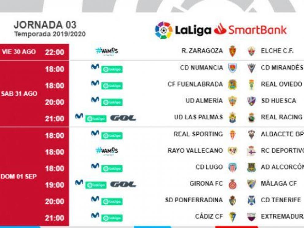 Nuevos horarios de la 3ª jornada de liga en Segunda División. El partido del Real Zaragoza contra el Elche la abrirá ahora en La Romareda el viernes, día 30, a las 10 de la noche, cuando antes estaba previsto para el sábado 31.