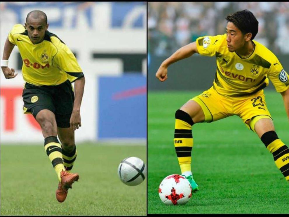 Ewerthon (izda.) y Kagawa (dcha.), ambos con el Borussia Dortmund alemán antes de fichar por el Real Zaragoza, uno en 2005 y el otro en 2019.