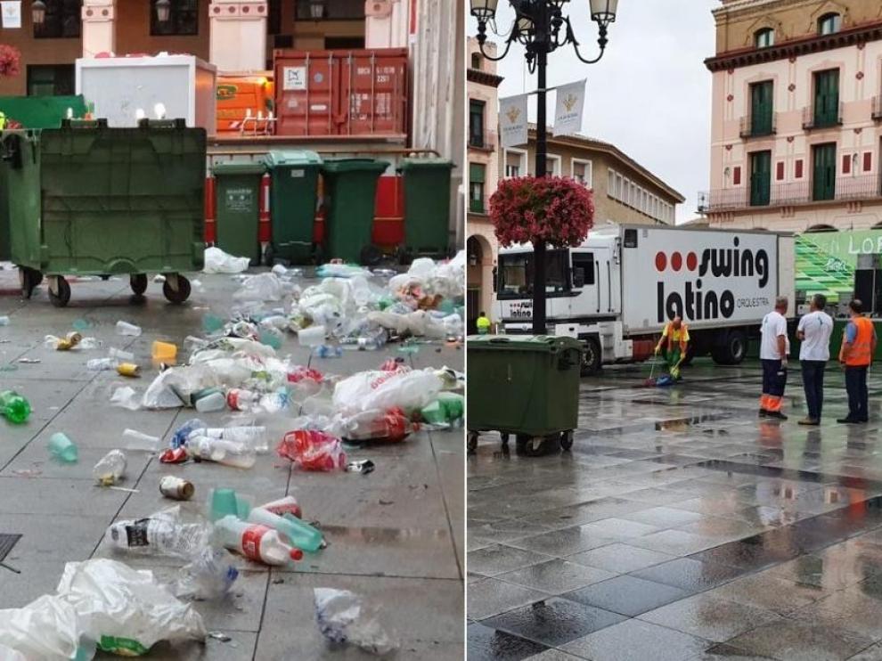 La plaza de Luis López Allué, donde se celebran las verbenas, antes y después de que pasen los servicios de limpieza.