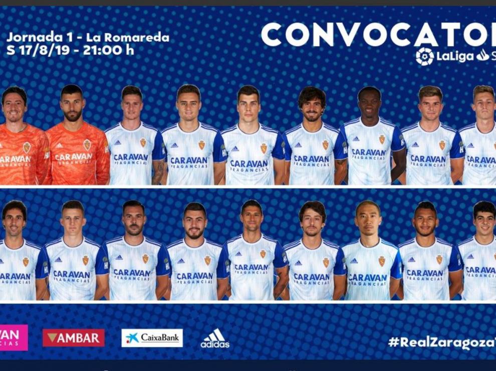 Lista de 18 convocados del Real Zaragoza para el debut liguero de este sábado ante el Tenerife en La Romareda.
