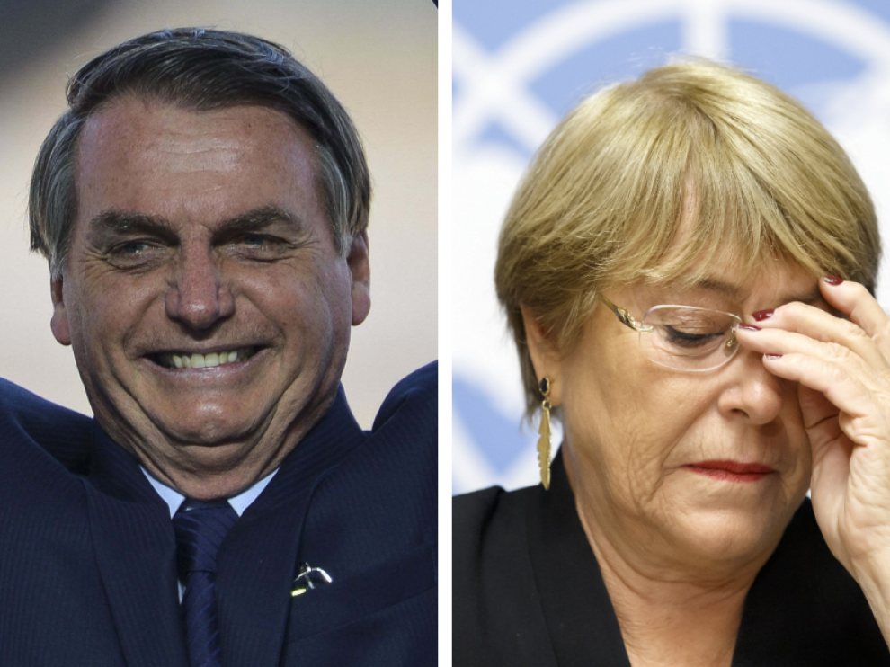 Combo de imágenes de Jair Bolsonaro y Michelle Bachelet