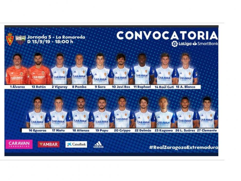 Lista de 18 convocados del Real Zaragoza para el partido ante el Extremadura en La Romareda, este domingo a las 18.00.